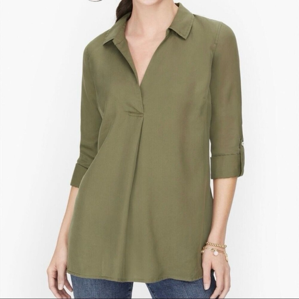 Talbots Pullover Shirt Roll Tab Long Sleeves Buttons Sage Green Plus Size 1X